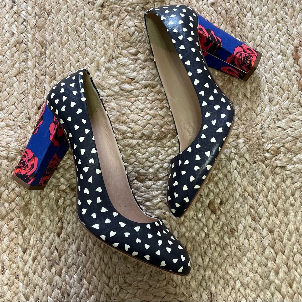 J. Crew Etta leather pumps flowers and hearts printed leather size 9.5